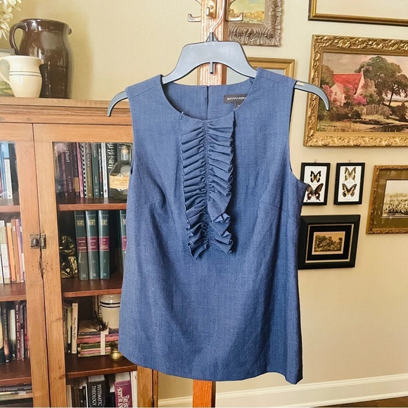 Banana Republic women’s sleeveless ruffle chambray blouse 95% wool SZ 0 blue - Picture 2 of 10